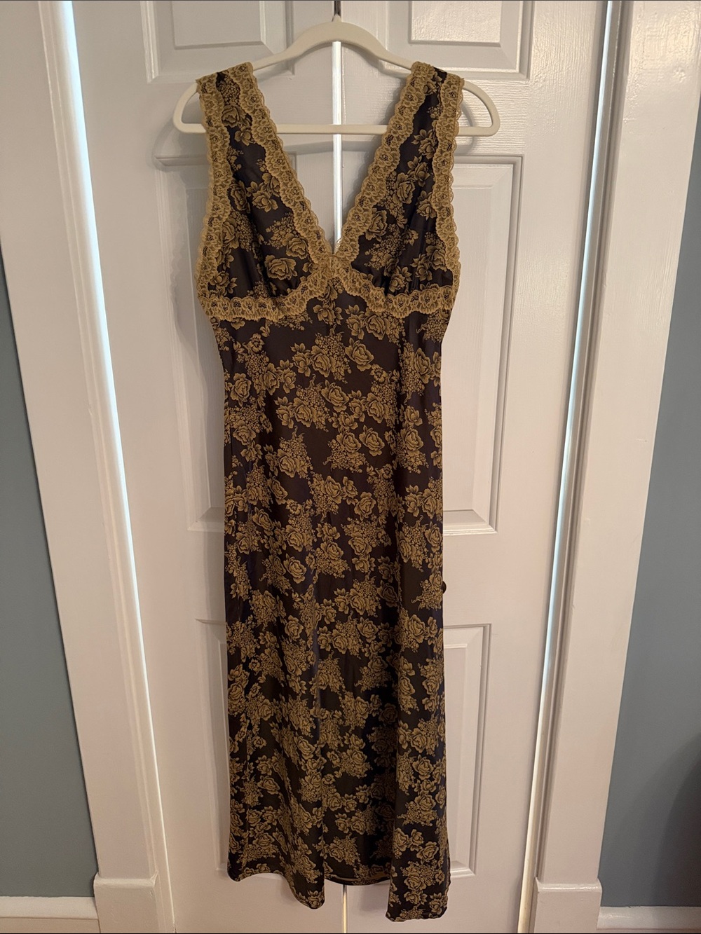 V-Neck Maxi Dress with Gold Floral Lace Trim in Black
